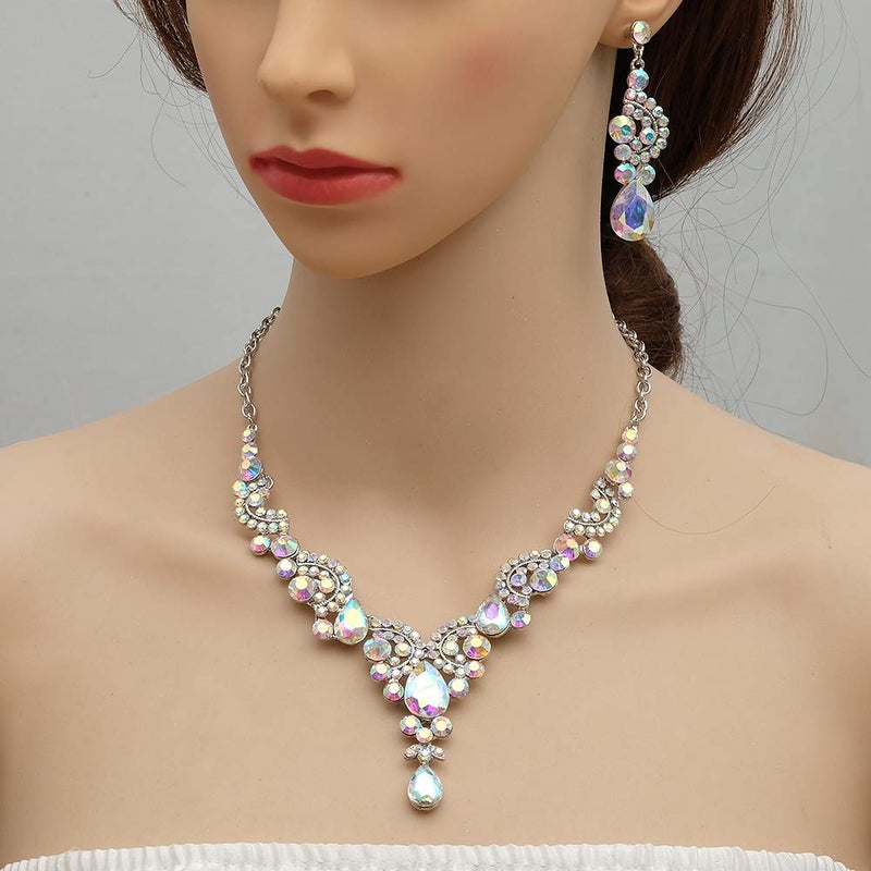 CSY Elegant Iridescent Crystal Necklace Earrings Bracelet Ring Bridal Wedding Costume Jewelry Sets for Brides Women Gifts (Iridescent AB Crystal - Silver tone) - Image 5